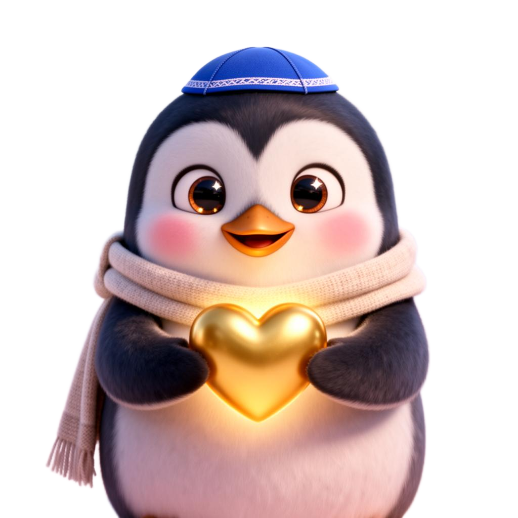 Cute Jewish penguin mascot with a kippah and scarf holding a heart — symbolizing love and care for children